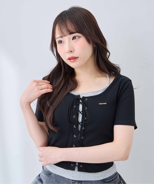 INGNI（イング） tシャツ 半袖 キャミレイヤード風リブレースアップ
