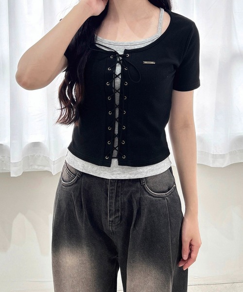 INGNI（イング） tシャツ キャミレイヤード風リブレースアップ半袖