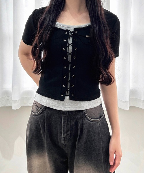 INGNI（イング） tシャツ 半袖 キャミレイヤード風リブレースアップ