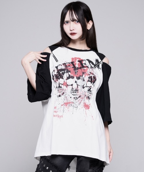 レフレム ピアス付きラグランスリーブカットソー 両面プリント 黒 白 綿 REFLEM（レフレム） tシャツ 半袖 「REFLEM/レフレム」スカルプリント