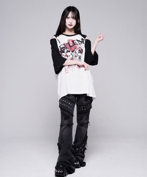 レフレム ピアス付きラグランスリーブカットソー 両面プリント 黒 白 綿 REFLEM（レフレム） tシャツ 半袖 「REFLEM/レフレム」スカルプリント