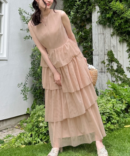JUNOAH（ジュノア） ワンピース チュールティアードフリルノースリーブ