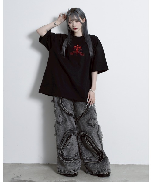 「REFLEM」 半袖Tシャツ FREE ブラック×レッド レディース_画像8