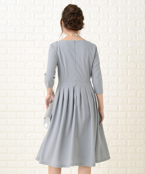 Lace Ladies ドレス 七分袖フレアスカラップネックシンプル