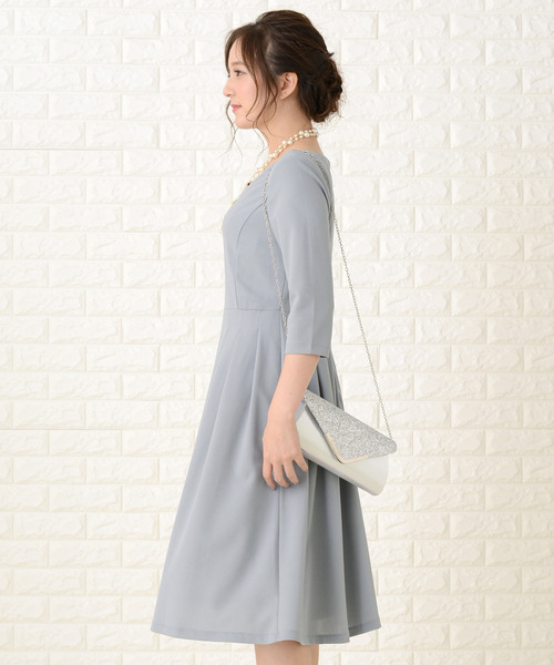Lace Ladies ドレス 七分袖フレアスカラップネックシンプル