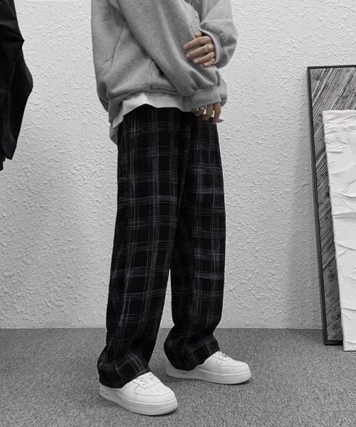 メンズチェックパンツストレートカジュアルおしゃれ Amazon | [NOLCCTN] チェックパンツ メンズ ワイドパンツ