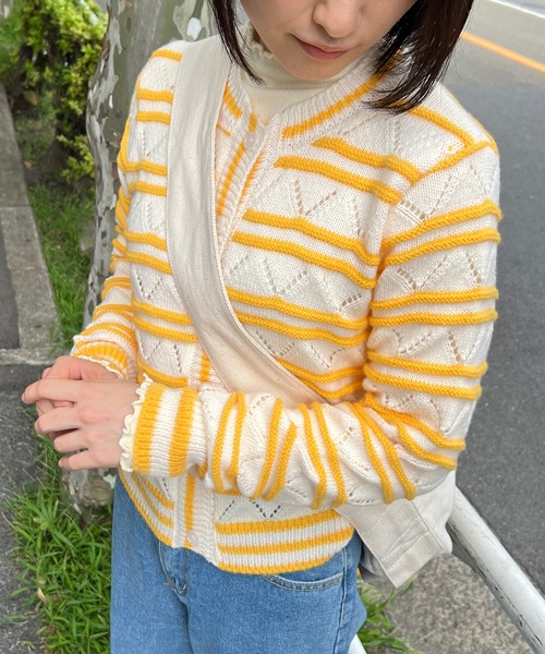透かし編みボーダー柄前花刺?入りニットカーディガン カーディガン 透かし編みボーダーカーディガン レディース
