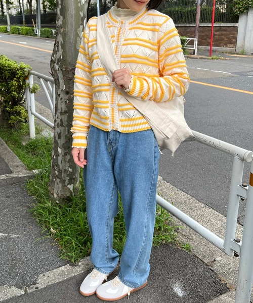 CONNSE 透かし編みボーダーカーディガン 長袖 カーディガン 透かし編みボーダーカーディガン レディース : ZOZOTOWN