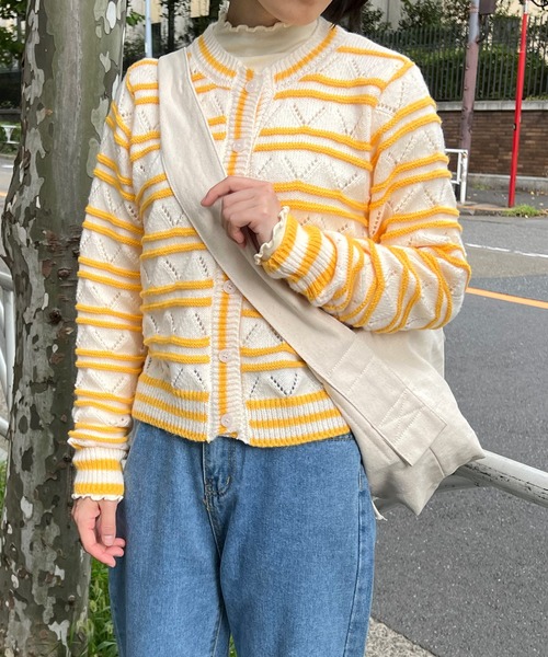 CONNSE 透かし編みボーダーカーディガン 長袖 カーディガン 透かし編みボーダーカーディガン レディース : ZOZOTOWN