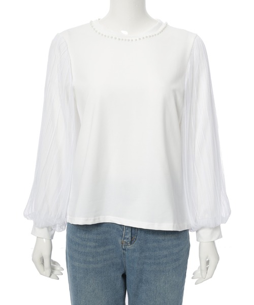 fifth tシャツ パールデザイン袖チュールカットソー レディース  