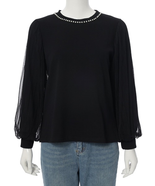 fifth tシャツ パールデザイン袖チュールカットソー レディース  