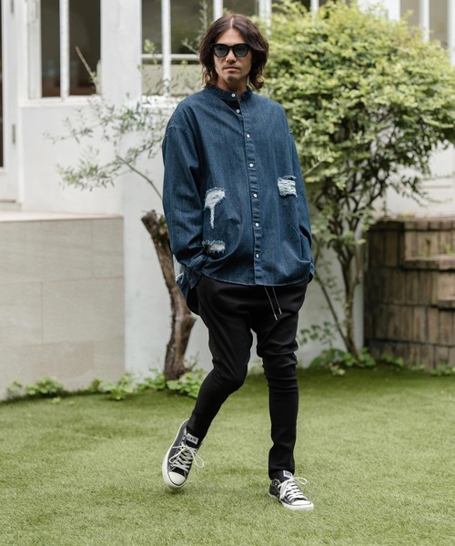 デニムシャツ CAMBIO シャツ ms5738-Distressed Hickory Repair Denim Shirts