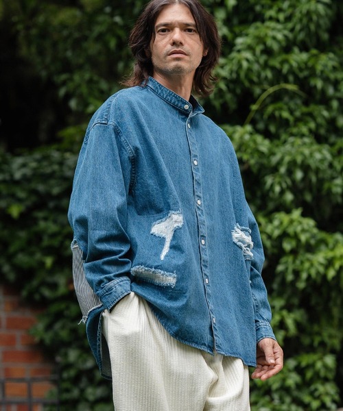 洋服おまとめ！ CAMBIO シャツ ms5738-Distressed Hickory Repair Denim Shirts