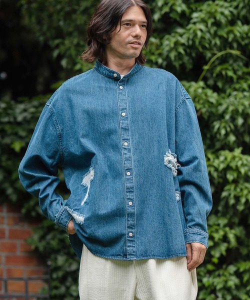 デニムシャツ CAMBIO シャツ ms5738-Distressed Hickory Repair Denim Shirts