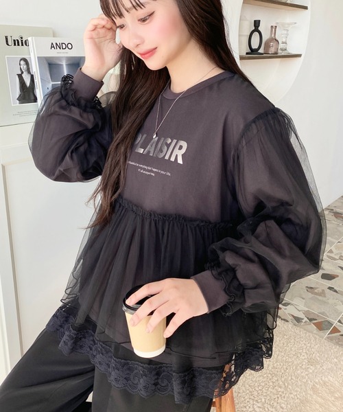 tシャツ 綿天竺オーガンジーフリルヘムTシャツ レディース オーガンジーフリルドッキングTシャツ通販｜レディース
