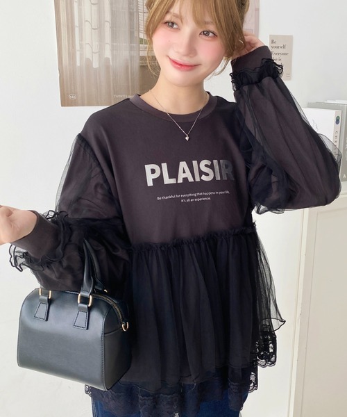 moment+ tシャツ 綿100%天竺. 裾レースチュールドッキングロゴ