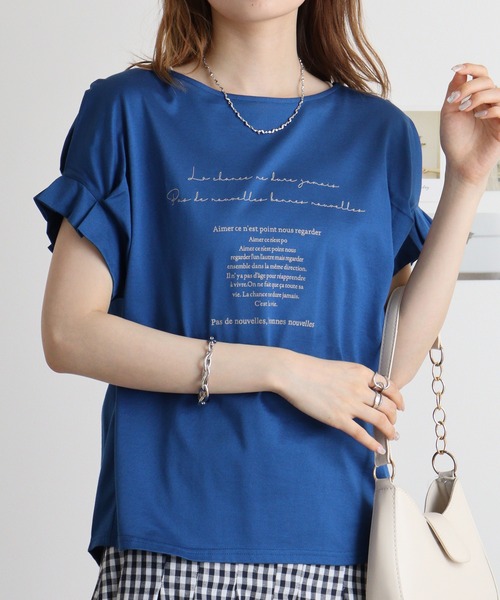 Anna Nicola tシャツ 袖タックロゴプリントカットソー