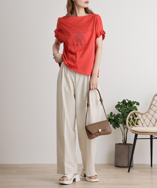 Anna Nicola tシャツ 袖タックロゴプリントカットソー