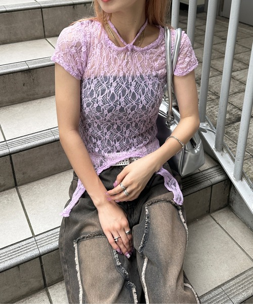 DISCLAIMER 売れ筋商品|||ディスクレイマー Tシャツ トップス レディース Tops Grey スクエアネックレースアップリブtシャツトップスレディース 長袖