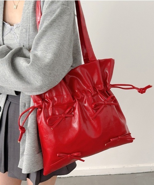 良品 ＊ RLL レザー 巾着 2way ハンドバッグ ショルダーバッグ レッド Ralph Lauren - 良品 ＊ RLL レザー 巾着 2way ハンドバッグ