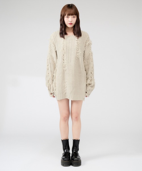 ニット セーター Fringe damage knit / フリンジダメージニット レディース メンズ Chick ニット セーター Fringe damage knit / フリンジダメージ