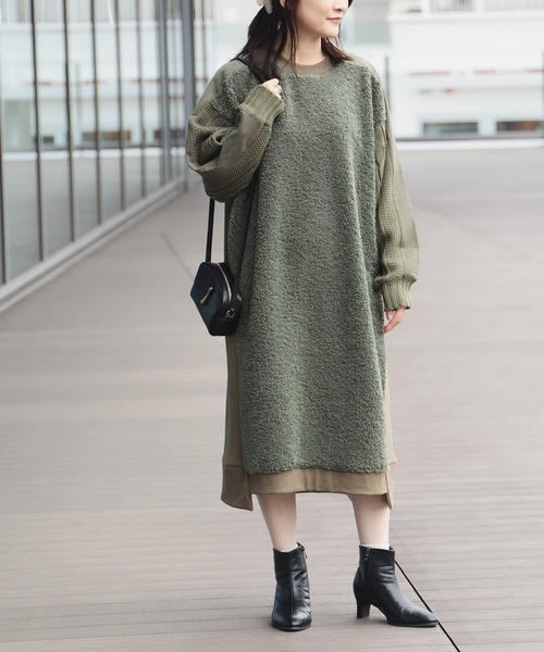 BEAMS HEART ワンピース 異素材コンビ ボア ワンピース（洗濯機可能 