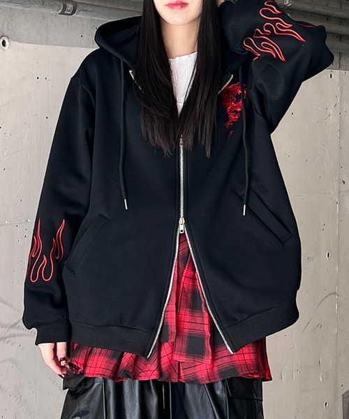 パーカー 「裏起毛」ドラゴン刺繍ビッグZIPパーカー レディース メンズ