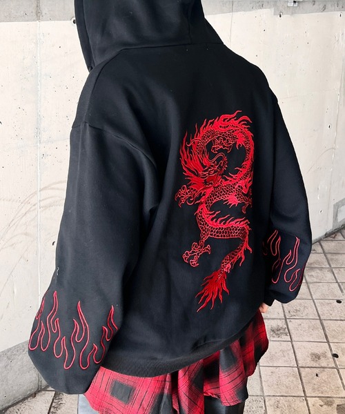 パーカー 「裏起毛」ドラゴン刺繍ビッグZIPパーカー レディース メンズ