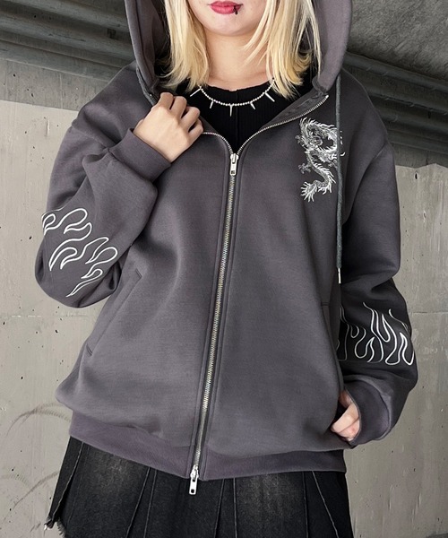 パーカー 「裏起毛」ドラゴン刺繍ビッグZIPパーカー レディース メンズ