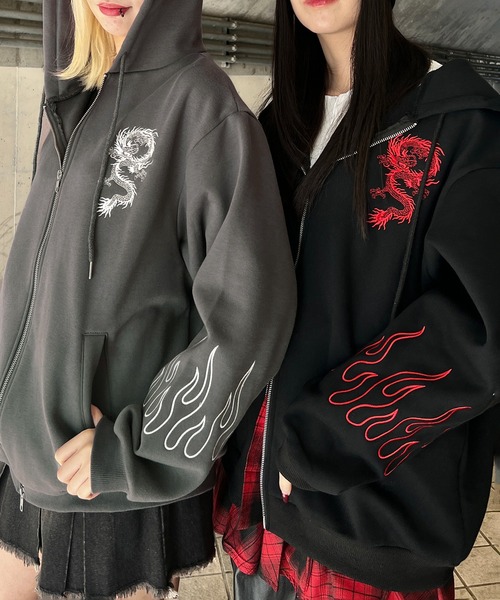 パーカー 「裏起毛」ドラゴン刺繍ビッグZIPパーカー レディース メンズ