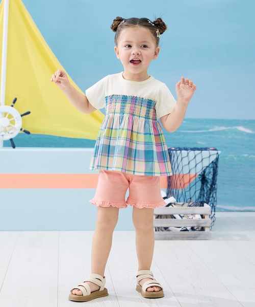 Combi mini tシャツ 半袖レイヤード風トップス（マドラスチェック