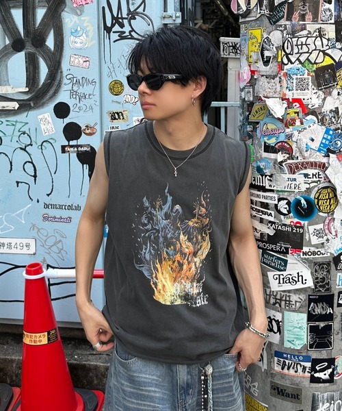 ADAMASTE tシャツ cutoff graphic pigment sleeveless T-shirt