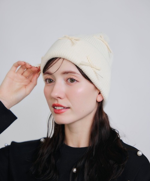 ブラックニット帽 リボン付き SHIPS（シップス） ニット帽 ニットキャップ 2WAY リボン ニット