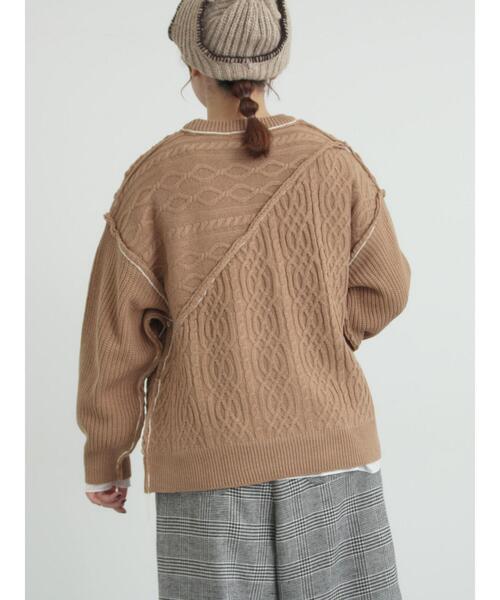 ツハルバイサマンサモスモス今期パッチワークニット新品 セール】 パッチワークスタンドカラーニット（ピンク/レッド/トップス