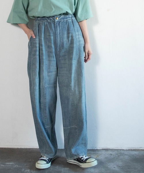 ワイドパンツ ジーンズ デニム デニムパンツ R4413 コックさんのデザインラインパンツ レディース