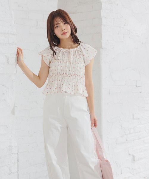 Adonisis メッシュパフスリーブブラウス ホワイト Honeys（ハニーズ） ブラウス シャツ パフスリーブブラウス レディース