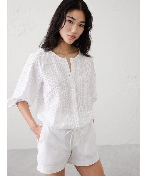 ブラウス シャツ BANANA REPUBLIC FACTORY STORE　　クラウドチェック ブラウソンスリーブ ボタントップス レディース