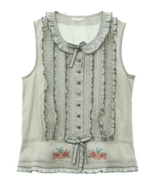 美品　PINKHOUSE 花柄　クロスステッチ　リボン　ブラウス　半袖　フリル袖 PINK HOUSE ブラウス シャツ クロスステッチ刺繍使いブラウス