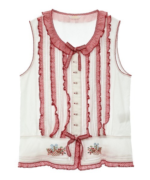 美品　PINKHOUSE 花柄　クロスステッチ　リボン　ブラウス　半袖　フリル袖 セール】 雛菊とさくらんぼ刺繍入りリボンブラウス （シャツ