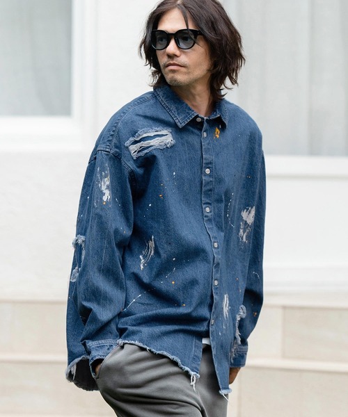 CAMBIO（カンビオ） シャツ ms5739-Distressed Paint Denim Shirts
