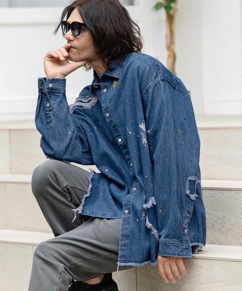 CAMBIO（カンビオ） シャツ ms5739-Distressed Paint Denim Shirts