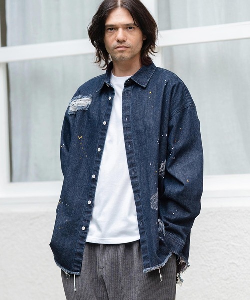 MUSINSA STANDARD MEN'S_リラックスドデニムシャツ_2色 CAMBIO シャツ ms5739-Distressed Paint Denim Shirts デニム