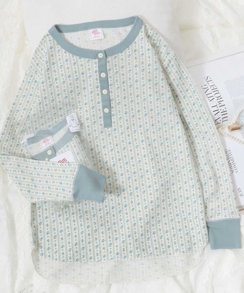 45R 45rpm サーマル ヘンリーネック カットソー 花刺繍 長袖 F 白 JIGGYS SHOP（ジギーズショップ） tシャツ ワッフルサーマル ヘンリー
