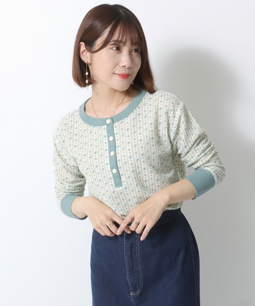 JEMORGAN（ジェーイーモーガン） tシャツ ワッフル花柄ヘンリーネック