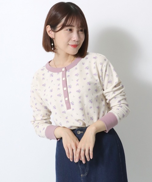 90's エルエルビーン 織柄入り 長袖 Tシャツ レディース M / オールド コットン 花柄 カットソー ロンT アンダーシャツ インナー ゆったり L.L.Bean - 90's エルエルビーン 織柄入り 長袖 Tシャツ レディース M