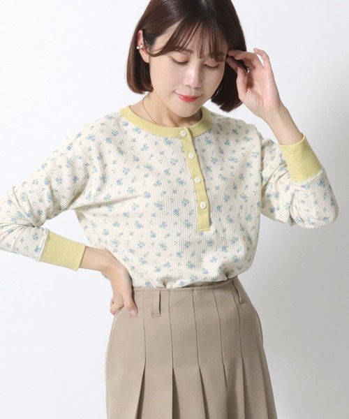 JEMORGAN（ジェーイーモーガン） tシャツ ワッフル花柄ヘンリーネック