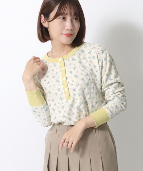 JEMORGAN（ジェーイーモーガン） tシャツ ワッフル花柄ヘンリーネック