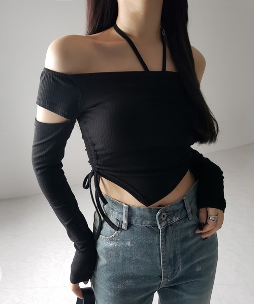 M me eme サイドリボン ビジュー オフショル シアートップス BLACK M