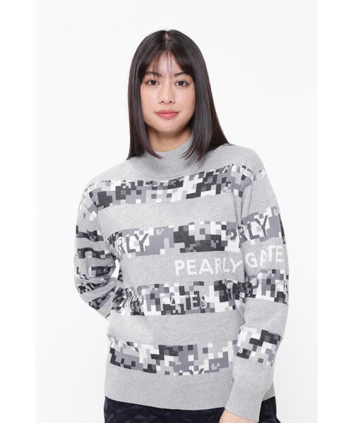 パーリーゲイツ 25SS ピクセルカモボーダージャガードカシミヤタッチモックネックニットプルオーバー セーター 1 ネイビー PEARLY GATES】ピクセルカモボーダージャガード カシミヤタッチ