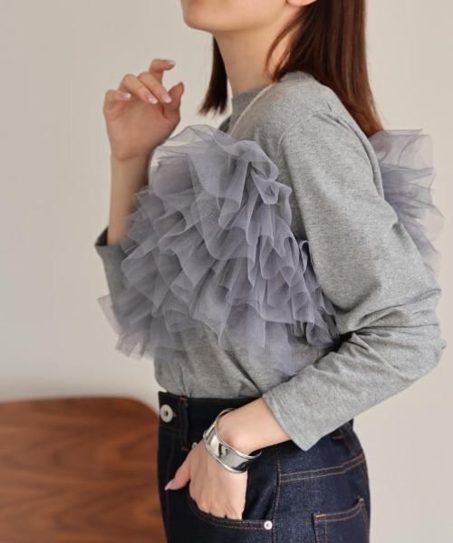 tシャツ シフォンフリル付きロンT レディース